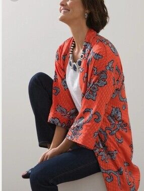 Chico's Oriental Kimono Reversible Topper Jacket Pockets